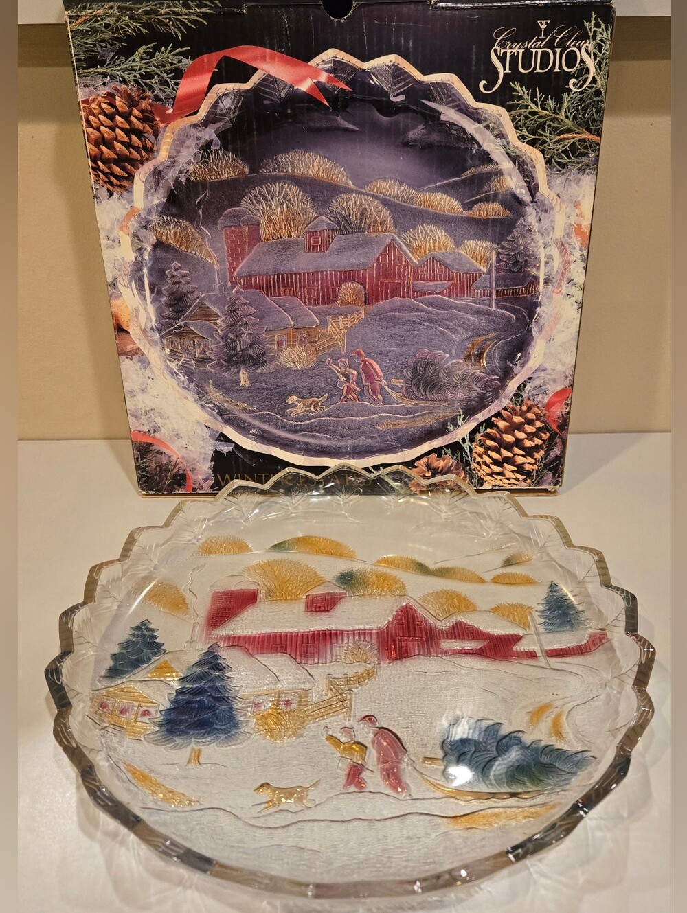 Vintage Crystal Clear Studios Hand Painted Winter Estates 14" Round Platter
